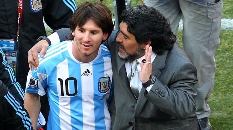 Messi y Maradona trabajan juntos para la selección argentina durante la Copa 2010 - Getty Images - Getty Images