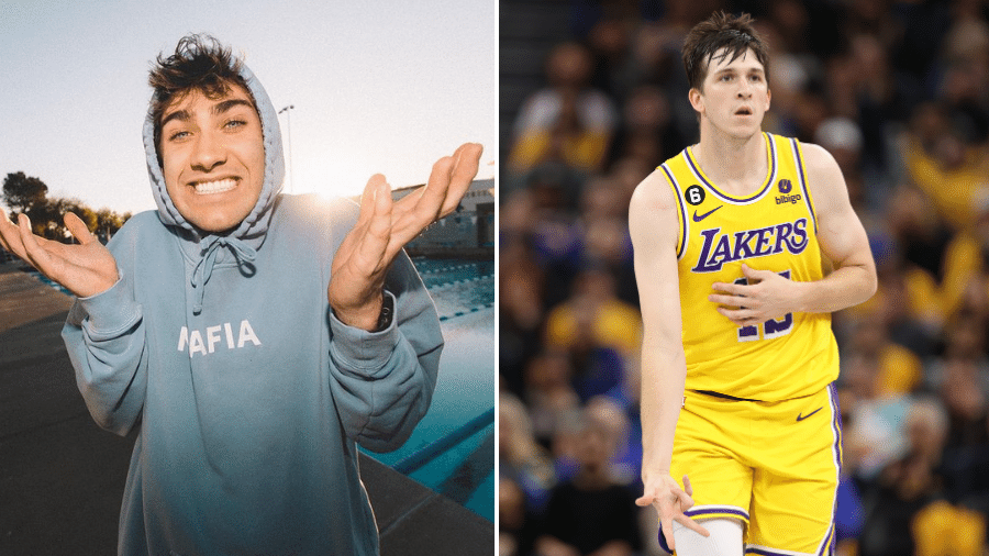 O influenciador Eric Decker (esquerda) e o jogador dos Lakers Austin Reaves (direita). - Montagem: Reprodução/Instagram; Ezra Shaw/Getty Images