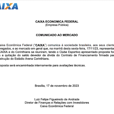 Nota da Caixa Econômica após a proposta apresentada pelo Corinthians em novembro