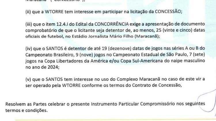 Trecho do contrato entre Santos e WTorre sobre Maracanã