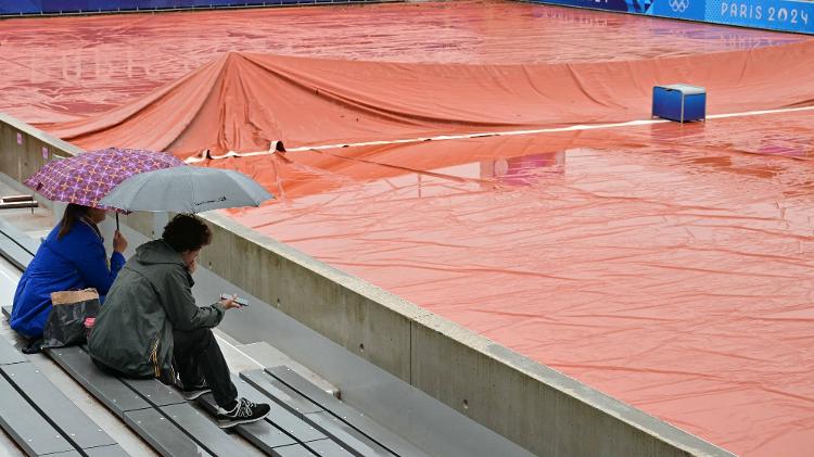 Quadra de Roland Garros molhada por causa da chuva nas Olimpíadas de Paris 2024