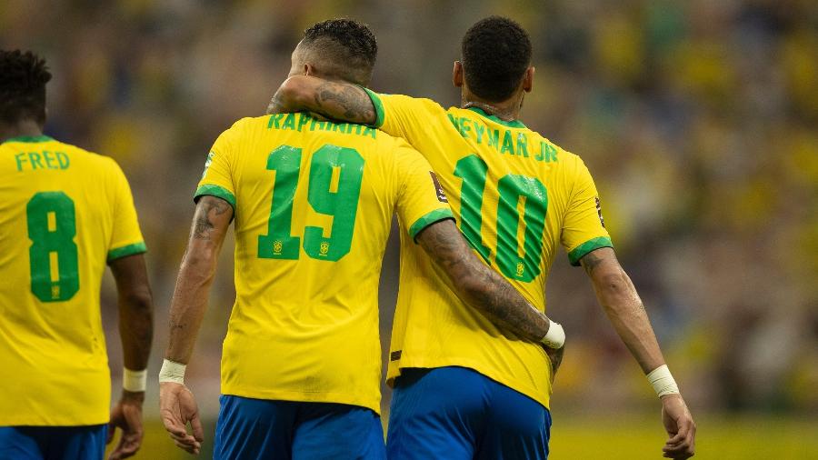 Neymar e Raphinha marcaram os dois primeiros gols da seleção brasileira contra o Uruguai pelas Eliminatórias da Copa do Mundo de 2022 - 14/10/2021 - Lucas Figueiredo/CBF