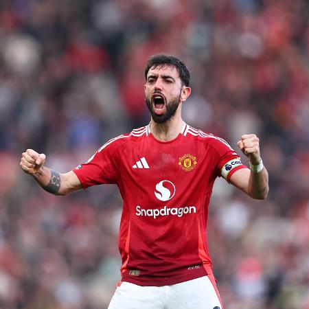 Bruno Fernandes, do Manchester United, comemora gol contra o Arsenal pelo Inglês Bruno Fernandes, do Manchester United, comemora gol contra o Arsenal pelo Inglês