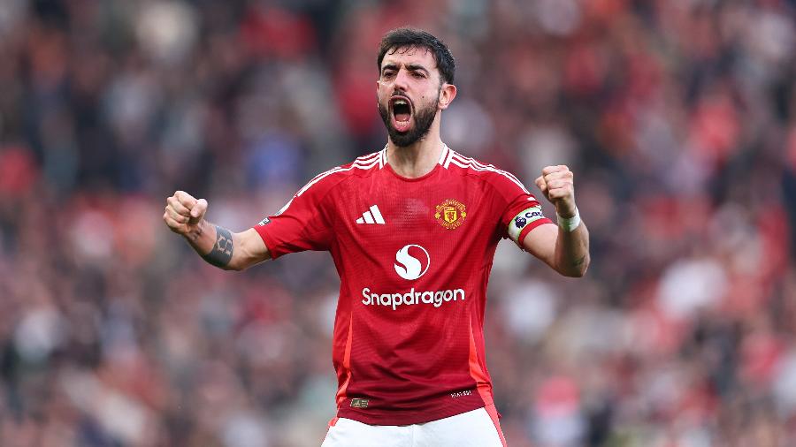 Bruno Fernandes, do Manchester United, comemora gol contra o Arsenal pelo Inglês Bruno Fernandes, do Manchester United, comemora gol contra o Arsenal pelo Inglês
