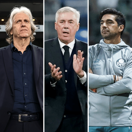 Jorge Jesus, Carlo Ancelotti e Abel Ferreira - Montagem Anadolu Agency/Anadolu Agency via Getty Images, David S. Bustamante/Soccrates/Getty Images e Alexandre Schneider/Getty Images