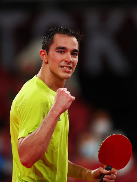 Hugo Calderano comemora vitória contra Bojan Tokic no individual masculino do tênis de mesa - REUTERS/Luisa Gonzalez