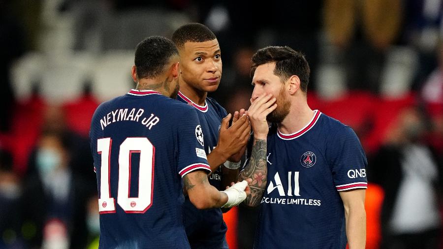 Neymar, Mbappé e Messi, em jogo do PSG: trio ainda busca o melhor entendimento em campo - PA Images/PA Images via Getty Images