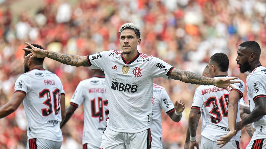 Pedro, do Flamengo, comemora seu gol contra o Nova Iguaçu, pelo Campeonato Carioca 2023 - Thiago Ribeiro/AGIF