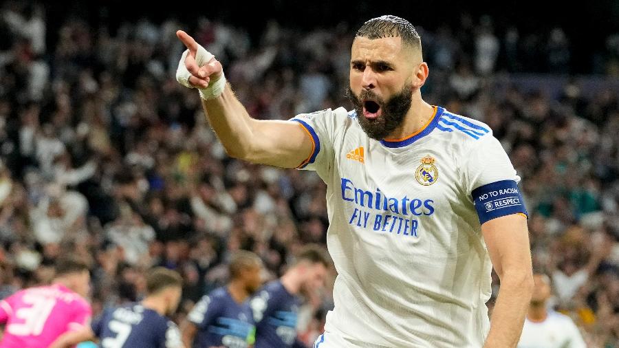 Benzema celebra gol marcado pelo Real Madrid diante do Manchester City, em jogo válido pela semifinal da Champions League - Alex Gottschalk/vi/DeFodi Images via Getty Images