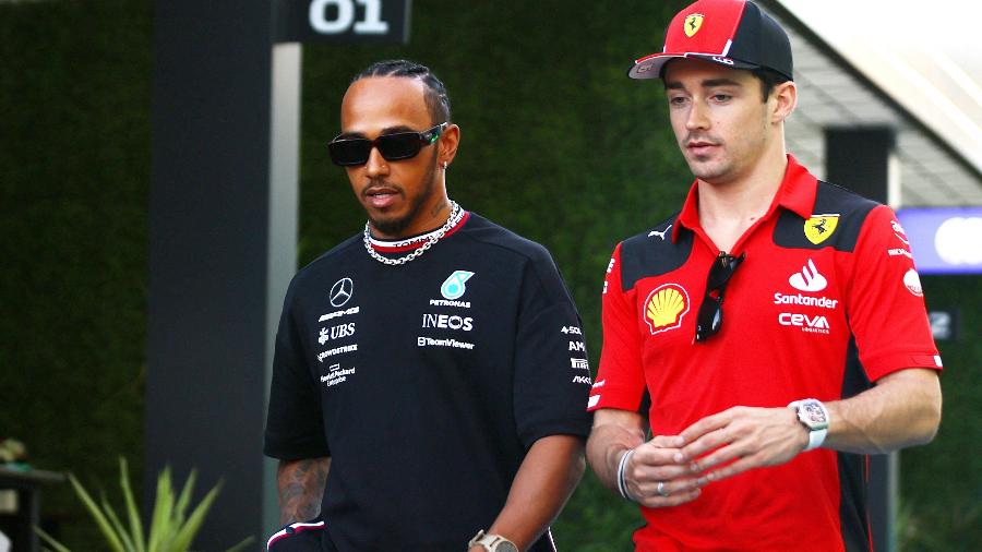 Lewis Hamilton, piloto da Mercedes, e Charles Leclerc, piloto da Ferrari.