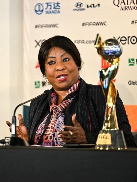 A secretária-geral da Fifa, Fatma Samoura, durante a coletiva na Copa do Mundo Feminina de 2023