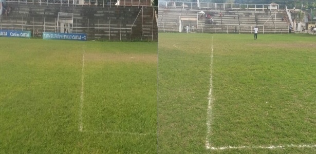 O antes e depois do gramado que rendeu uma derrota por WO ao Duque - Montagem/UOL