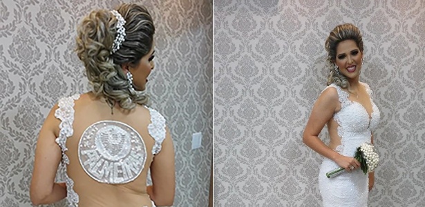 Larissa Góes, de 27 anos, casou no último sábado (3) em Bauru vestida de Palmeiras - Montagem Arte UOL/Arquivo Pessoal
