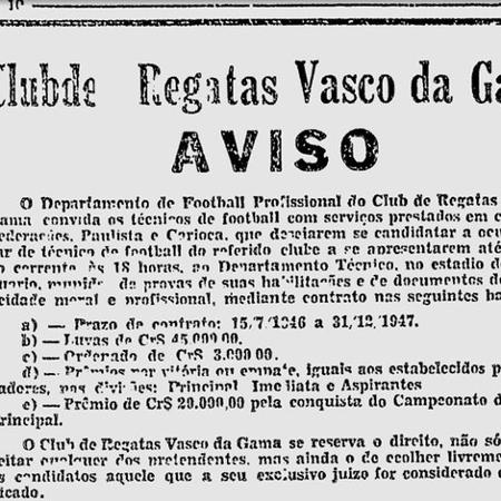 Anúncio do Vasco no Jornal do Brasil, em 1946, à procura de um treinador de futebol  - Reprodução
