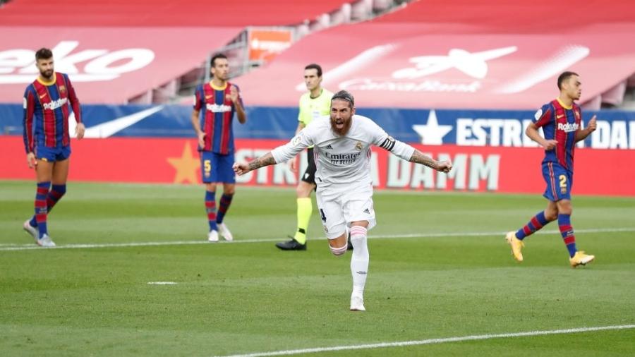 Sergio Ramos comemora gol marcado contra o Barcelona - Antonio Villalba/Real Madrid via Getty Images