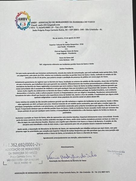 Carta da Associação de Moradores da Barreira do Vasco enviada ao STJD pede liberação do público em São Januário