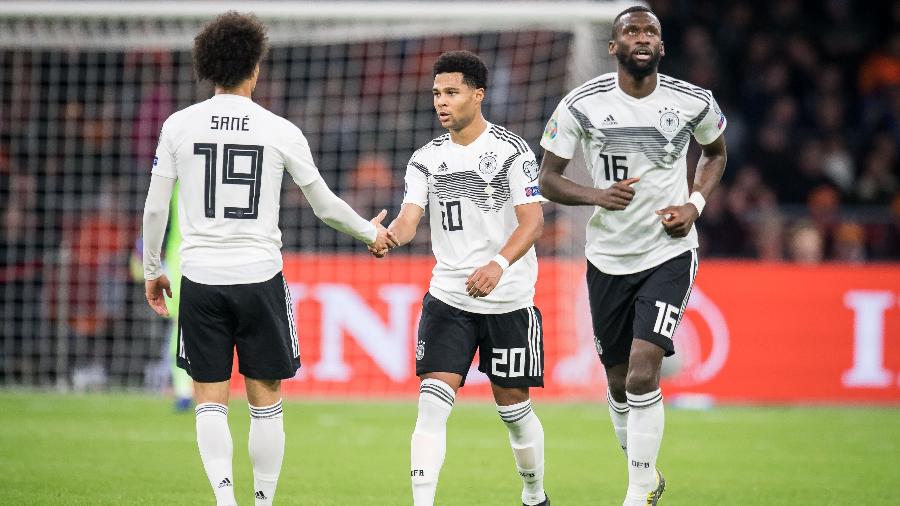 Sané, Gnabry e Rudiger, da Alemanha, que enfrentará amanhã a Suíça, em partida da Liga das Nações - VI Images via Getty Images
