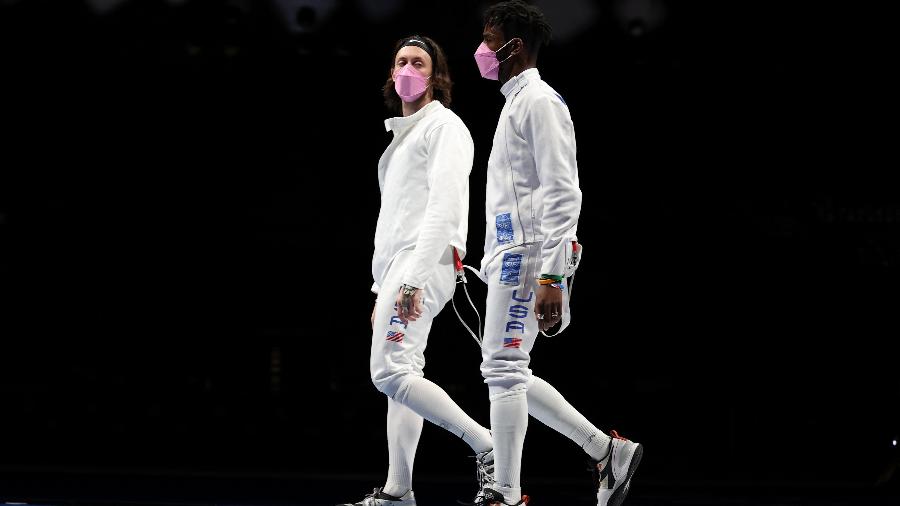 CHIBA, JAPAN - JULY 30: Jacob Hoyle of Team United States, left, and Curtis McDowald of Team United States react to their loss to Team Japan in Men"s Ã?pÃ©e Team Table of 16 on day seven of the Tokyo 2020 Olympic Games at Makuhari Messe Hall on July 30, 2021 in Chiba, Japan. (Photo by Elsa/Getty Images) - Elsa/Getty Images