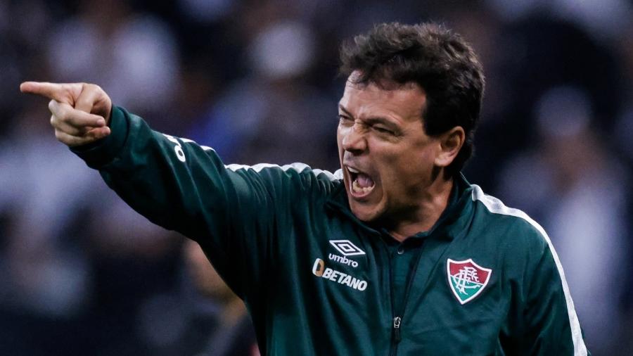 Fernando Diniz, técnico do Fluminense, gesticula com jogadores durante jogo contra o Corinthians - Alexandre Schneider/Getty Images