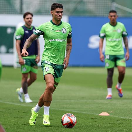 O meio-campista Emiliano Martínez, do Palmeiras, durante treinamento na Academia de Futebol.