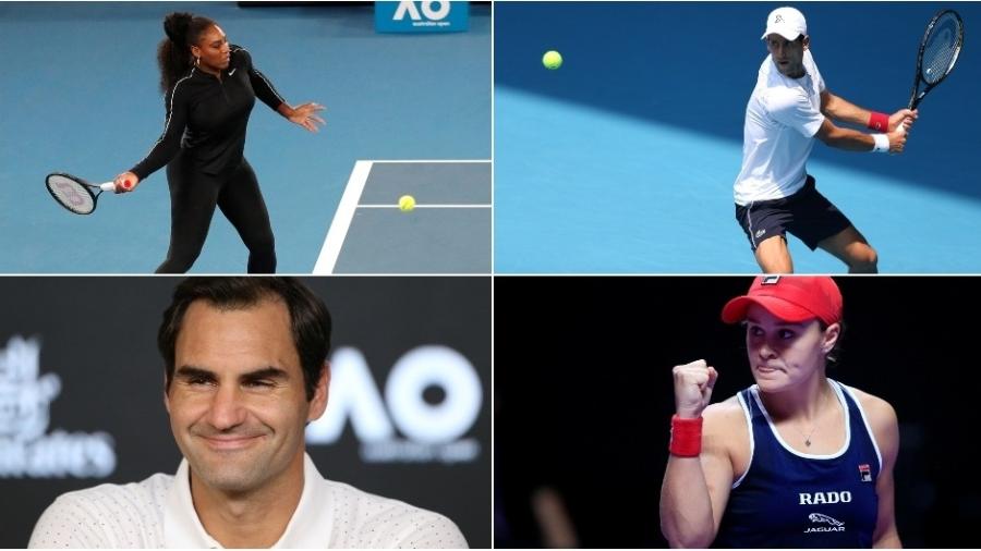 Montagem com fotos de Novak Djokovic, Roger Federer, Serena Williams e Ashleigh Barty - Montagem com fotos de Reuters
