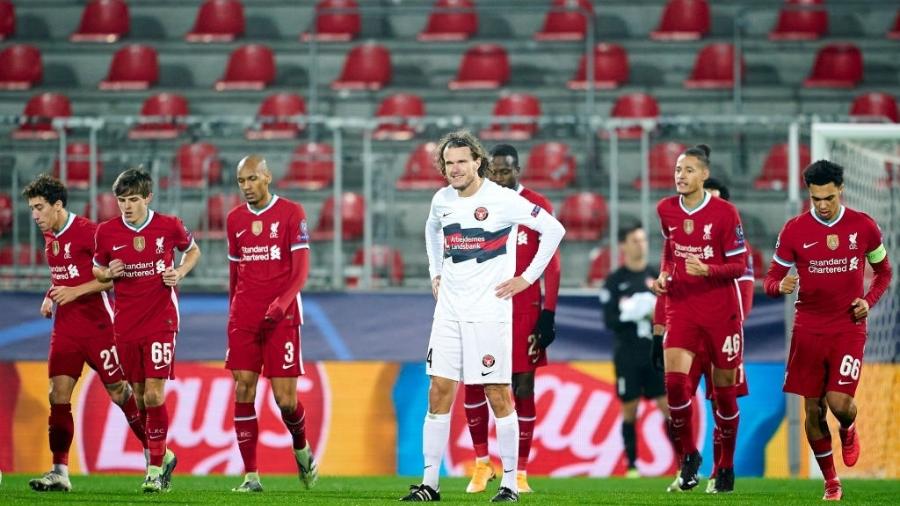 Midtjylland e Liverpool jogam pela fase de grupos da Liga dos Campeões - Lars Ronbog / FrontZoneSport via Getty Images