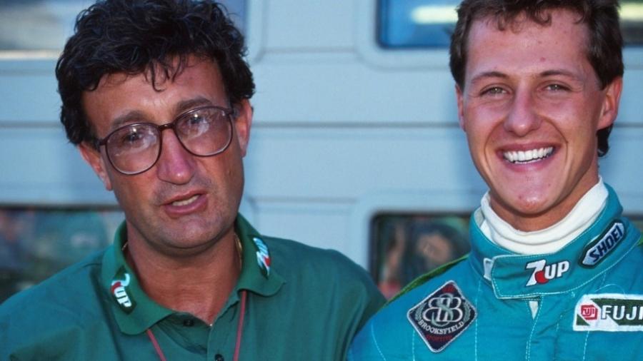 Michael Schumacher com Eddie Jordan no fim de semana de sua estreia na F1, na Bélgica, em 1991 - Reprodução