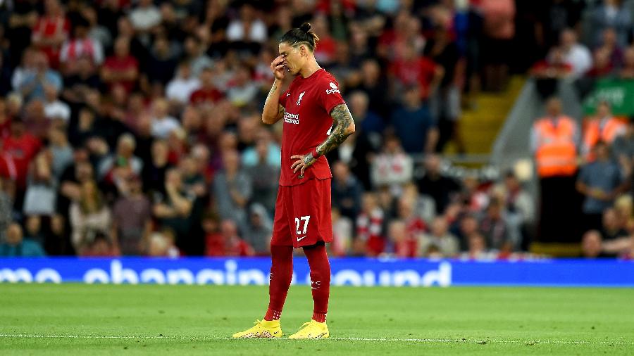 Darwin Nuñez, do Liverpool, em jogo contra o Crystal Palace pelo Campeonato Inglês - Andrew Powell/Liverpool FC via Getty Images