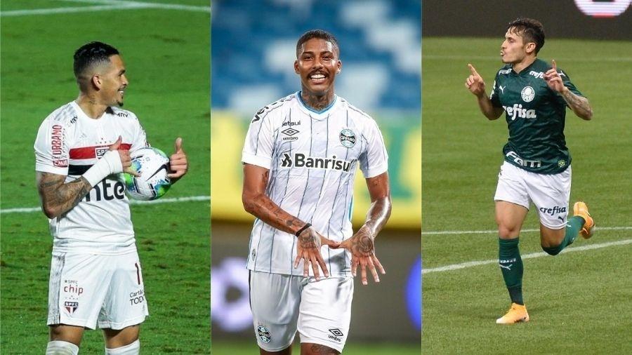 Luciano (São Paulo), Jean Pyerre (Grêmio) e Raphael Veiga (Palmeiras) simbolizam boa fase dos clubes - Arte/UOL