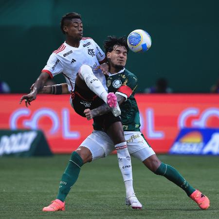 Bruno Henrique e Gustavo Gómez em ação no jogo entre Flamengo e Palmeiras, pelo Brasileirão - Ettore Cheireguini/Agif