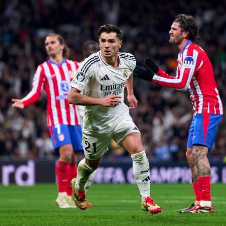 Brahim Díaz, do Real Madrid, comemora após marcar contra o Atletico de Madri, nas oitavas da Champions Brahim Díaz, do Real Madrid, comemora após marcar contra o Atletico de Madri, nas oitavas da Champions
