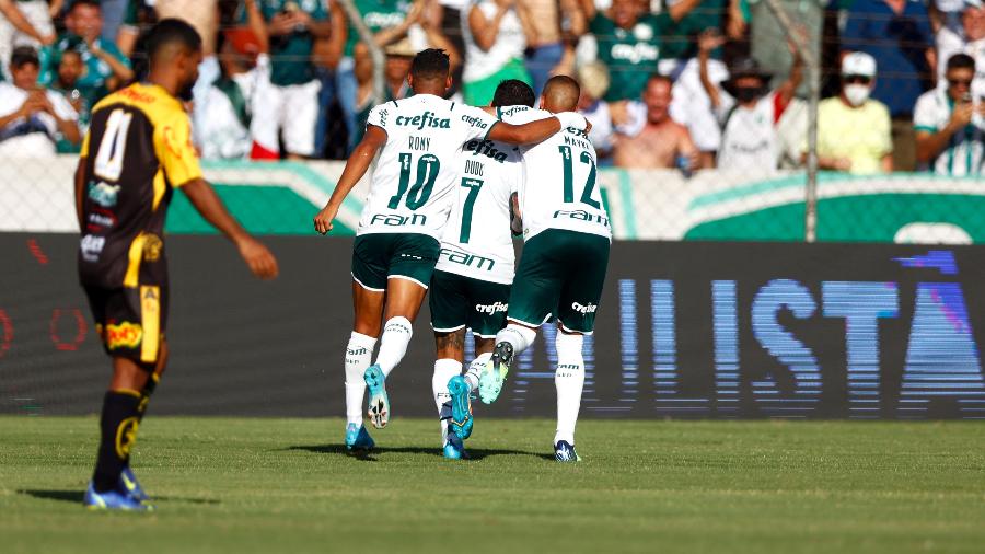 Jogadores do Palmeiras comemoram gol de Dudu contra o Novorizontino - Thiago Calil/AGIF
