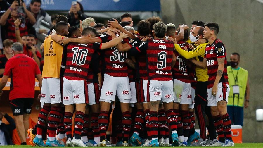 Jogadores do Flamengo celebram gol contra a Universidad Católica, do Chile, pela Libertadores - Gilvan de Souza / Flamengo