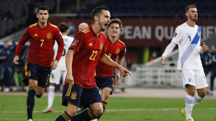 Pablo Sarabia comemora gol da vitória da Espanha contra a Grécia, pelas Eliminatórias da Copa do Mundo - REUTERS