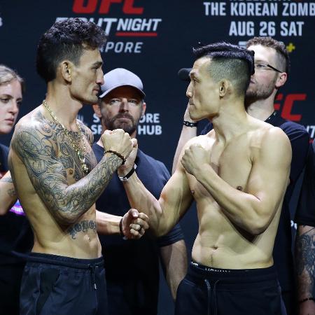 Max Holloway e Chan Sung Jung, o Zumbi Coreano, na pesagem para o UFC Singapura