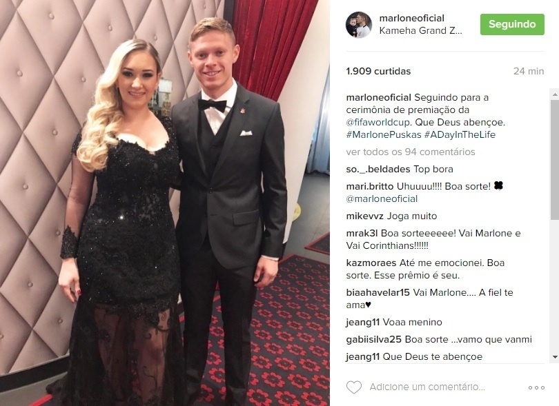 Corintiano Marlone vai para a premiação da Fifa em Zurique. Ele concorre ao prêmio Puskas de gol mais bonito de 2016 - Reprodução/Instagram