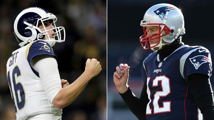 Montagem com fotos de Jared Goff, do Los Angeles Rams, e Tom Brady, do New England Patriots - Jonathan Bachman e Adam Glanzman/Getty Images/AFP