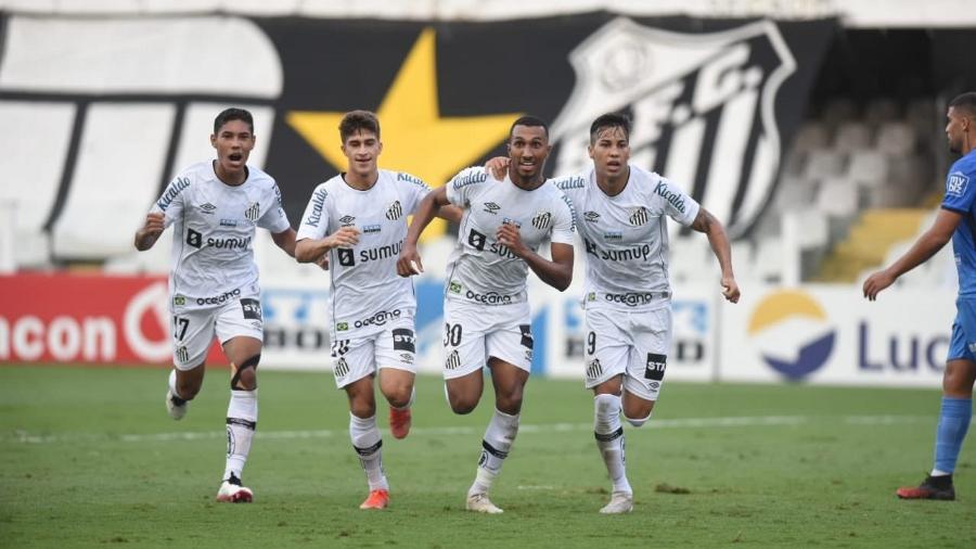 Garotos do Santos comemoram gol de Lucas Braga contra o São Bento na Vila Belmiro - Ivan Storti/Santos fC