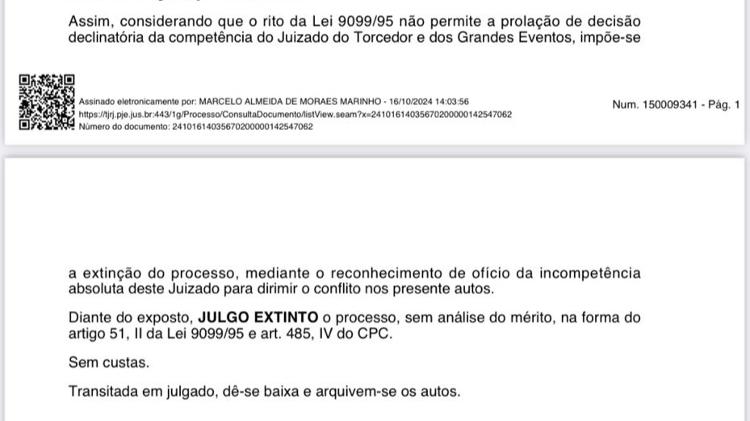 Trecho da sentença do juiz que extinguiu processo de sócio do Vasco contra o clube