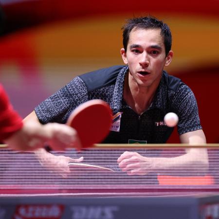 Hugo Calderano durante a partida contra o chinês Liang Jingkun, pela semifinal do Mundial de tênis de mesa Hugo Calderano durante a partida contra o chinês Liang Jingkun, pela semifinal do Mundial de tênis de mesa