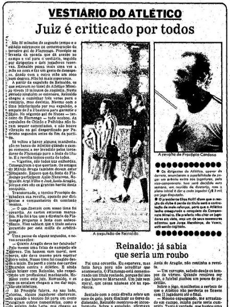 Matéria de jornal questionando a arbitragem de Aragão da final do Brasileiro de 1980