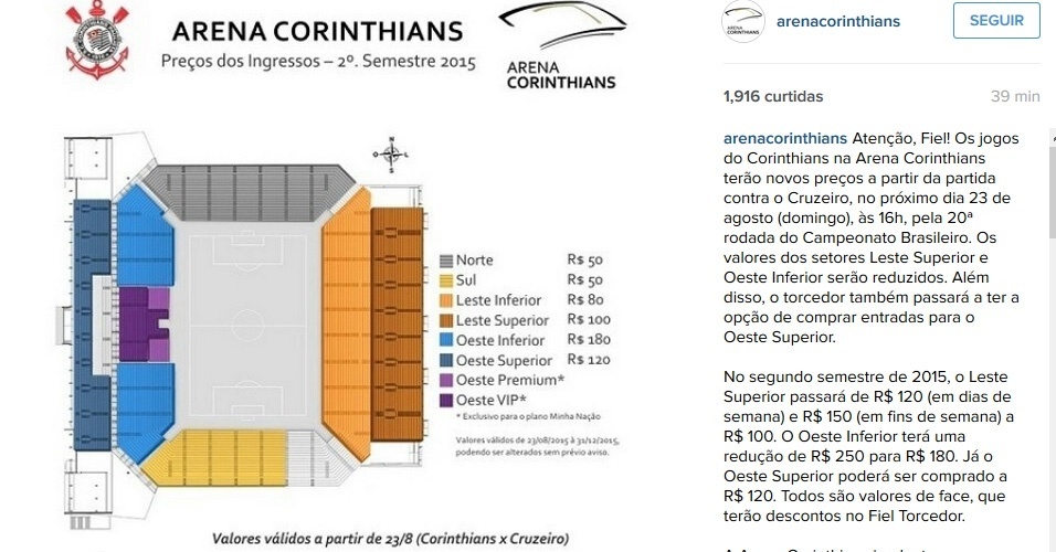 Corinthians anuncia redução nos preços dos ingressos da 