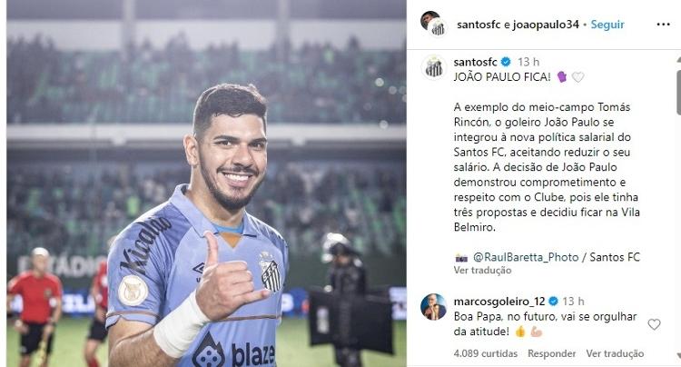 João Paulo permanece no Santos e recebe elogio de Marcos