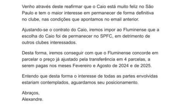Troca de mensagens entre Alexandre Uram e diretoria do São Paulo