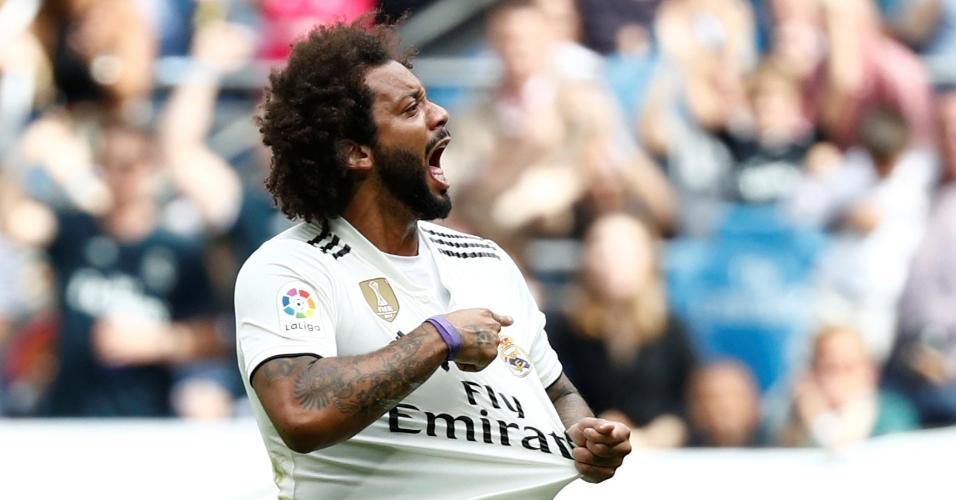 Marcelo comemora seu gol durante Real Madrid x Levante, neste sábado