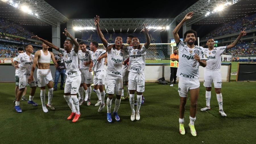 Jogadores do Palmeiras comemoram vitória sobre o Cuiabá no Brasileiro - Cesar Greco/ Palmeiras