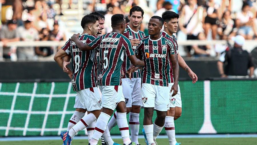 Jogadores do Fluminense celebram gol contra o Vasco, em clássico pelo Carioca - Lucas Merçon / Fluminense