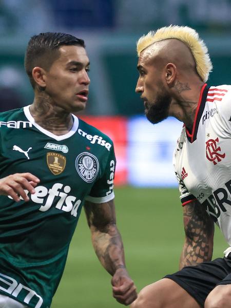 Dudu, do Palmeiras, e Vidal, do Flamengo, em ação na partida do Campeonato Brasileiro - Marcello Zambrana/AGIF
