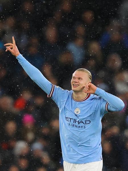 Haaland, durante jogo do City contra o Leipzig - James Gill - Danehouse/Getty Images