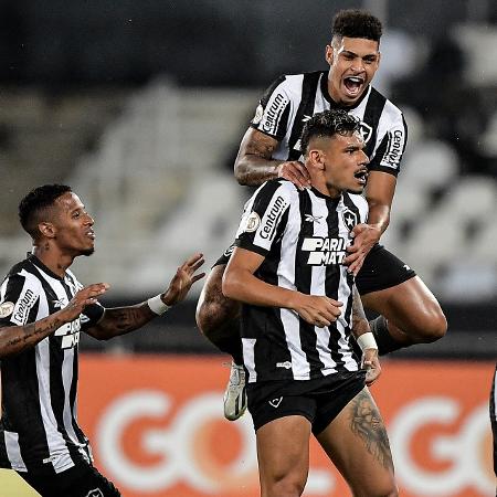 Tiquinho Soares, do Botafogo, comemora após marcar contra o Goiás, pelo Brasileirão